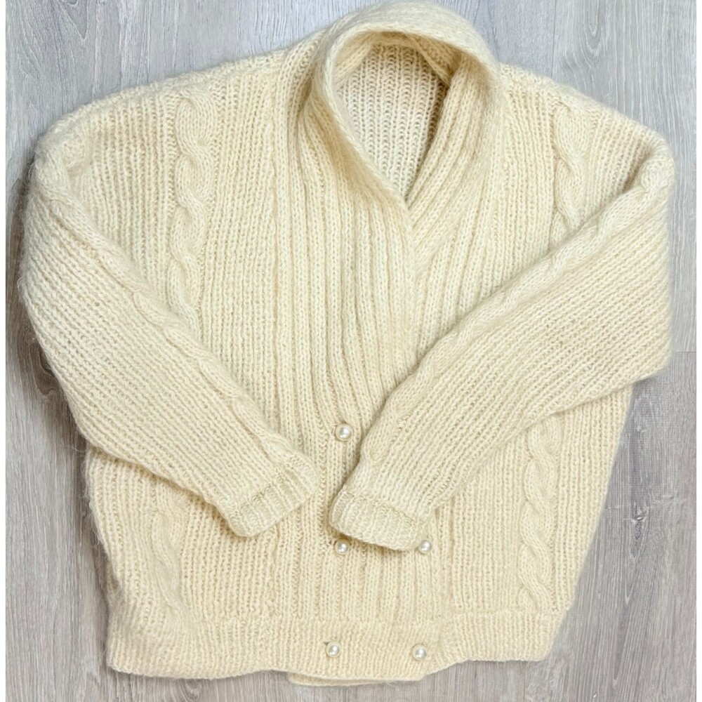 Oversize Cardigan VTG 90s Cream XL Comfy Mohair Wool Blend Shawl Collar Sweater